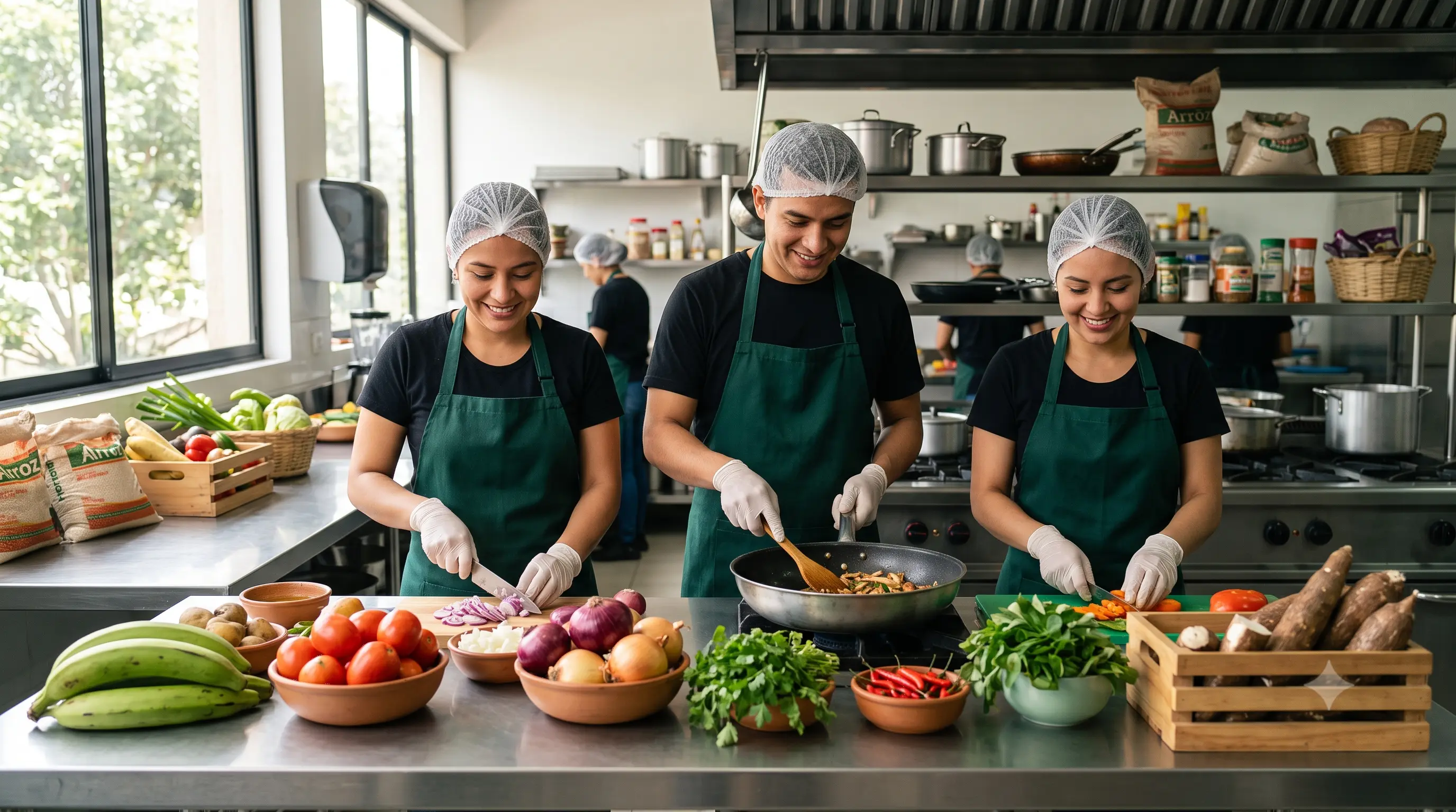 Equipo de trabajo colombiano aplicando buenas prácticas de higiene en una cocina