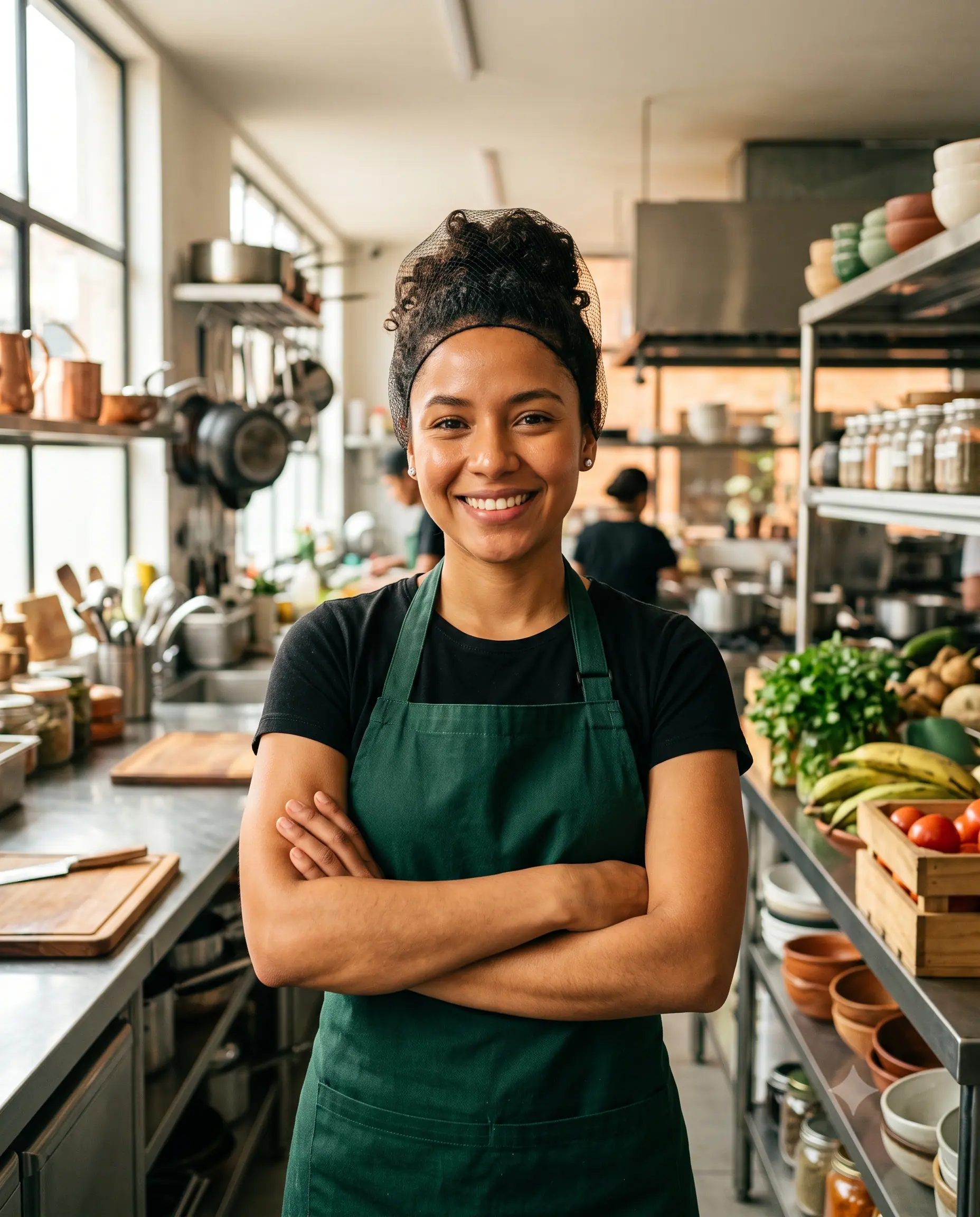 Cocinera colombiana sonriendo con su gorro y delantal en una cocina profesional