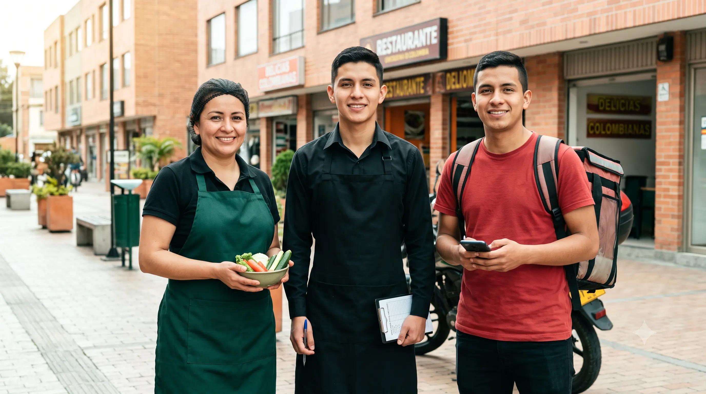 Trabajadores de la industria de alimentos en Colombia: cocinera, mesero y domiciliario